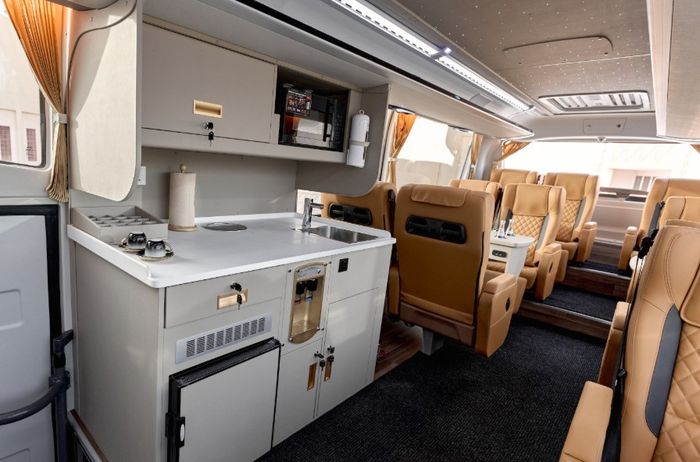 Onboard pantry and refreshment counter on our VIP Luxury Coach